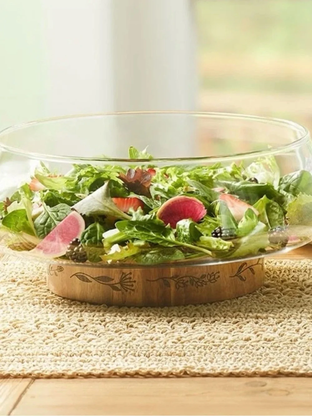Princess House Clear Glass Pedestal Bowl with Natural Wood Base
